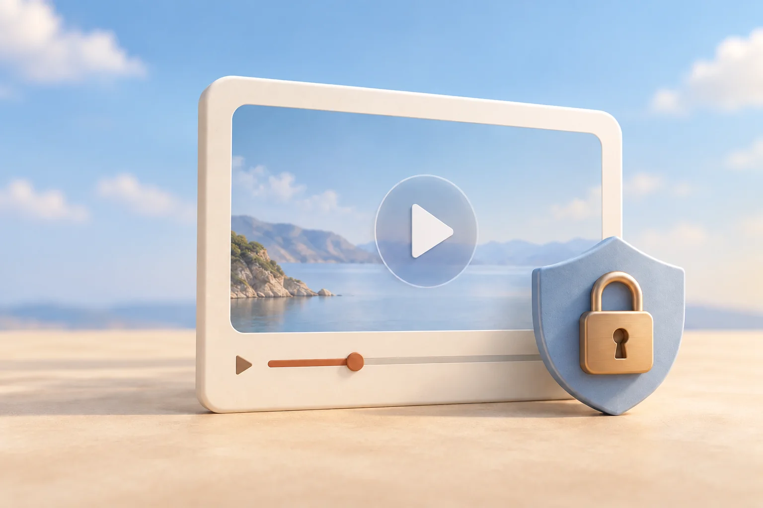 Ilustración de un vídeo protegido por un escudo con candado, en tonos azul cielo y arena.